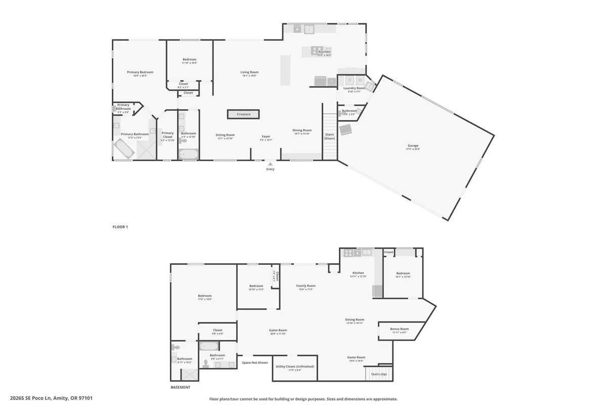 A wide-angle interior image that encompasses the living room, kitchen, primary bedroom, basement, and garage. The layout highlights communal gathering spaces ideal for group meals, celebrations, and shared activities, while also hinting at private retreats within the home.